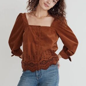 Madewell Brown Corduroy Embroidered Eyelet Tie Sleeve